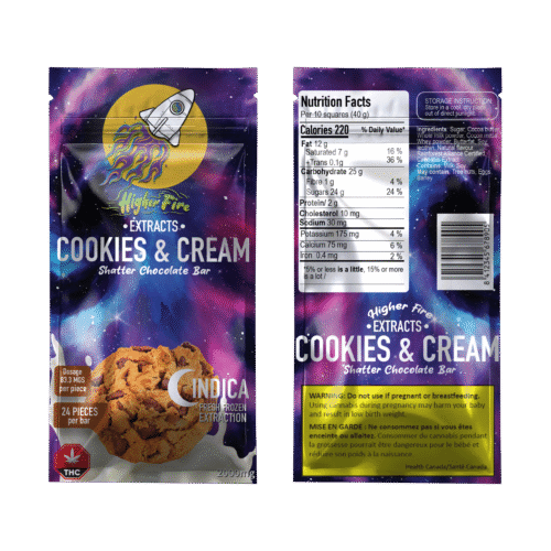Higher Fire Extracts – Shatter Chocolate Bar – Cookies and Cream 1000mg THC (Indica)