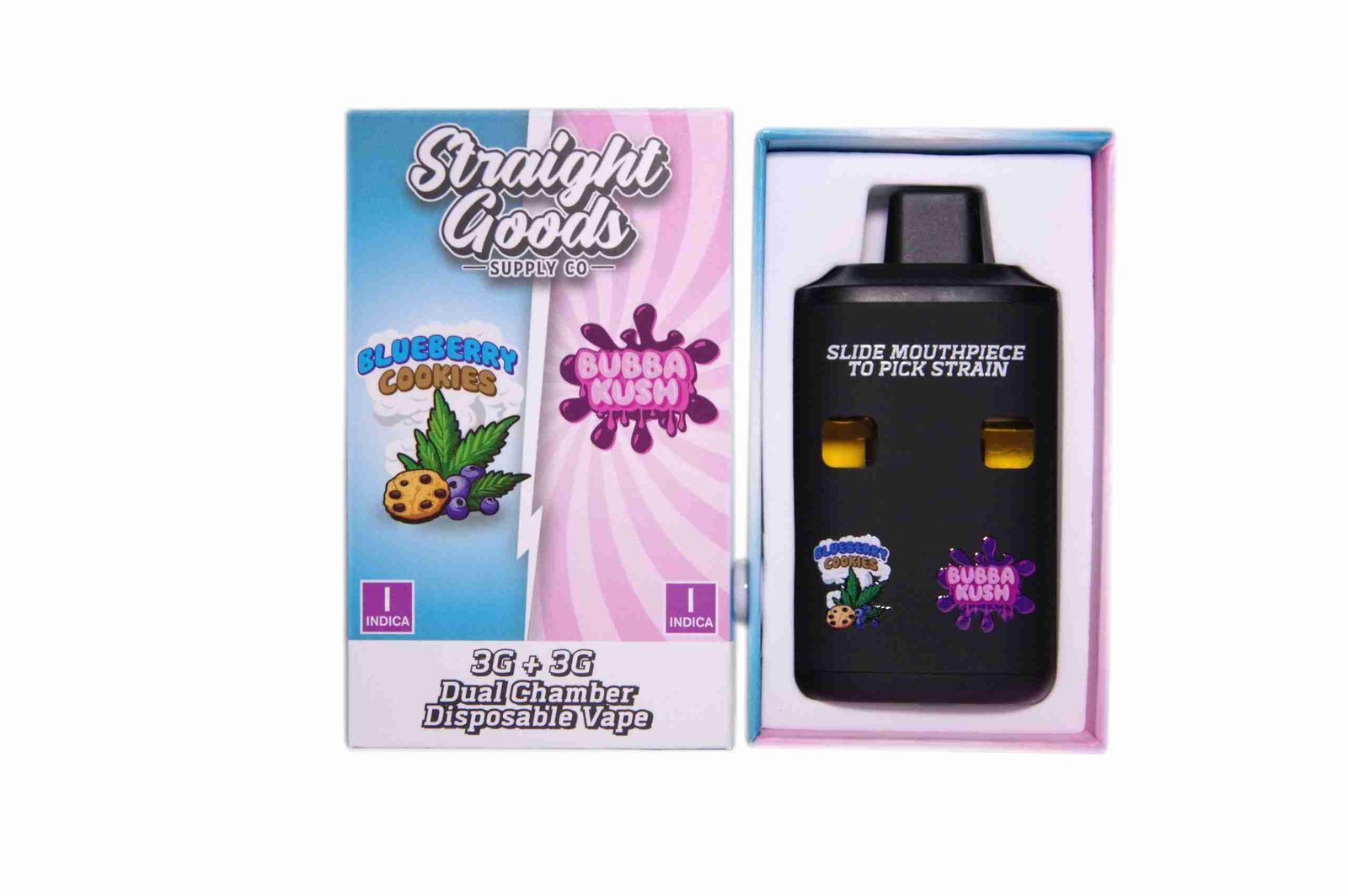 Straight Goods – Dual Chamber Vape – Blueberry Cookies + Bubba Kush (3 Grams + 3 Grams)