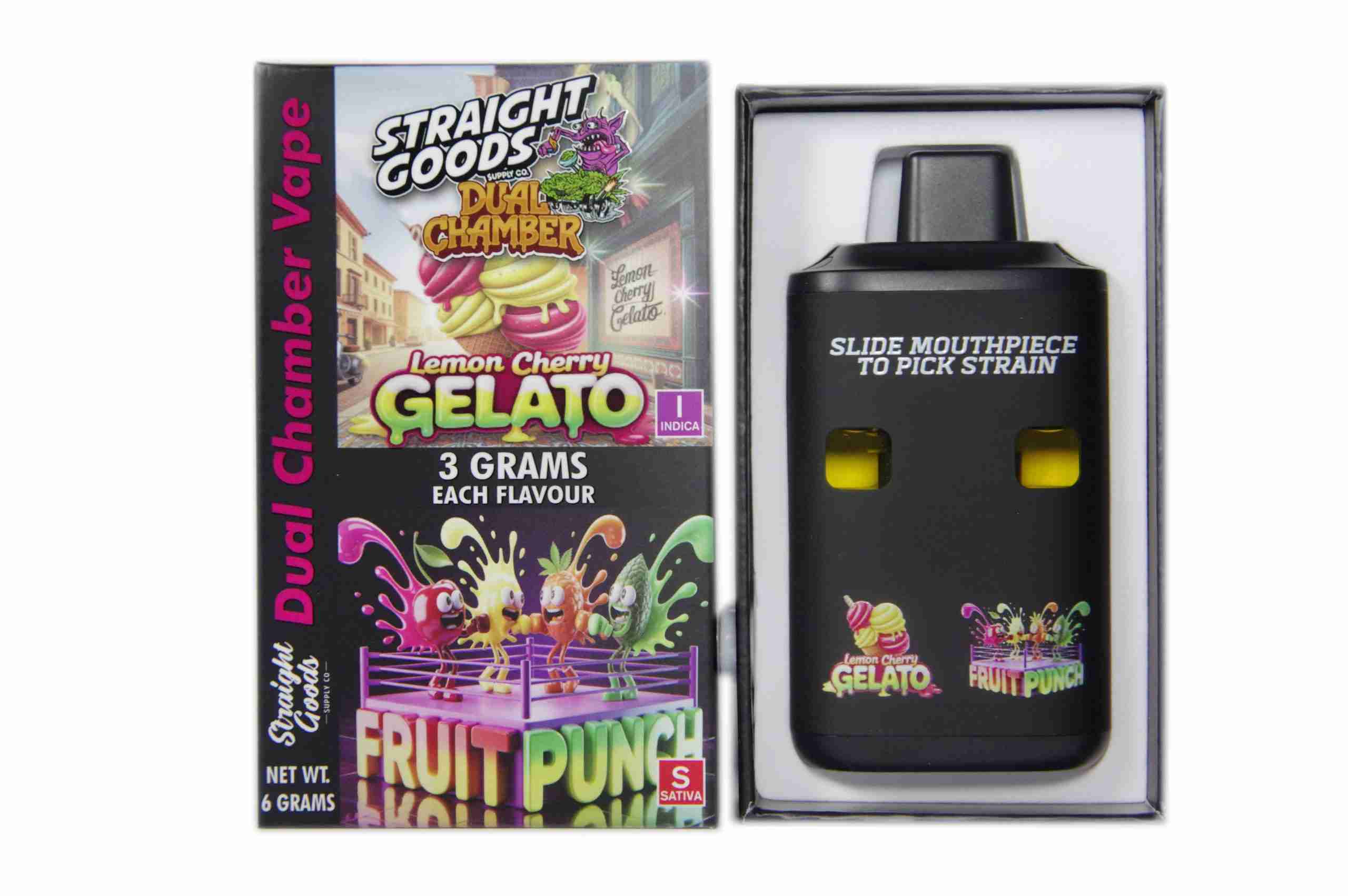 Straight Goods – Dual Chamber Vape – Lemon Cherry Gelato + Fruit Punch (3 Grams + 3 Grams)
