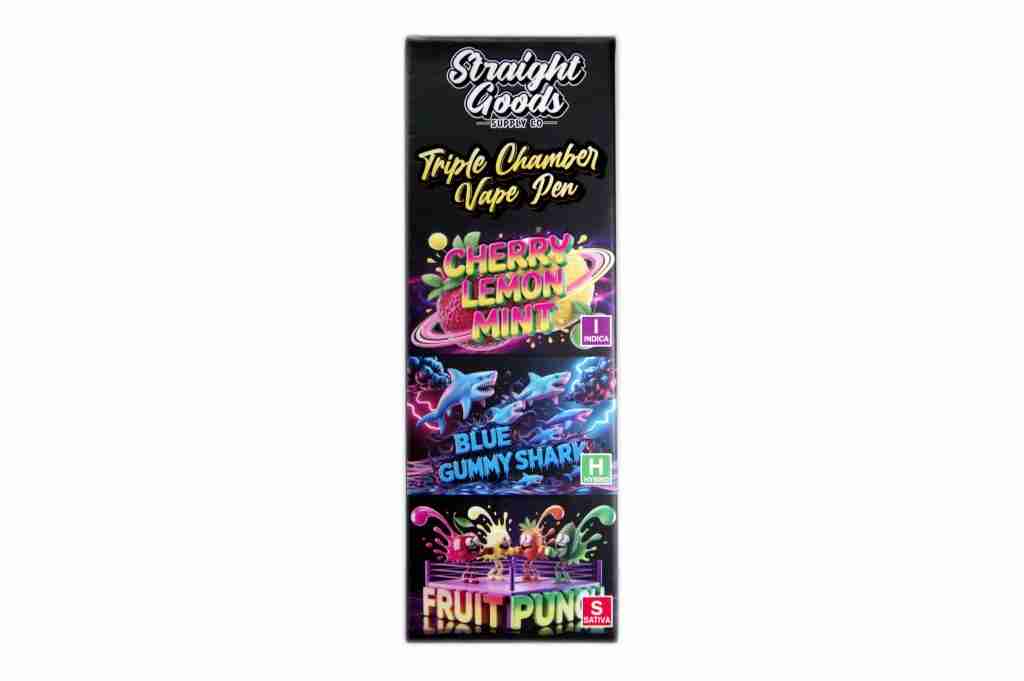 Straight Goods – Triple Chamber Vape – Cherry Lemon Mint + Blue Gummy Shark + Fruit Punch (3 Grams + 3 Grams + 3 Gram)